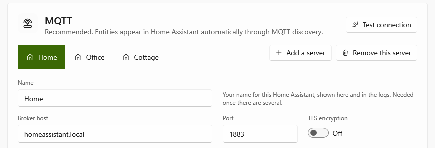 Three MQTT servers on the Connections page